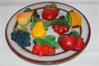 12" round pottery plate and chalk ware fruit