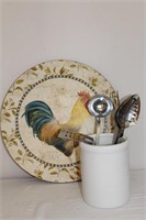 Rooster 15.5" Lazy Susan tray and kitchen utensils