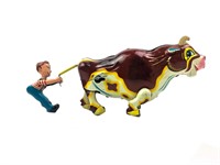 Bull Pulling Boy Vintage Wind-up Tin Toy