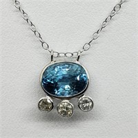 $2600 10K Blue Zircon(4.6ct) 3 Diamond Necklace