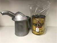 Pennzoil vintage tin and old oil can with spout