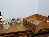 B4- BLUE RING CROCKS AND WOODEN WINE BOX