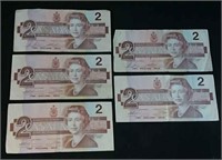 Five 1986 Two Dollar bills
