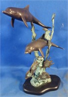 Metal Dolphin Statue on Wood Base