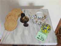Perfume Bottles, cup & saucer, paperweight, etc