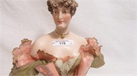 French Depose 12" lady figure w/ lace ans feather