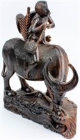 Wood Sculpture Asian Water Buffalo / Rider