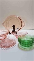 ASSORTMENT OF PINK & GREEN GLASS DISHES
