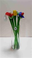 GLASS VASE WITH GLASS STEMMED FLOWERS