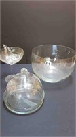 GLASS DOME SERVING DISH + LARGE GLASS BOWL +