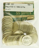 Bag of 50 +/- 1964 & Pre Roosevelt Silver Dimes