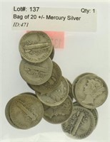 Bag of 20 +/- Mercury Silver Dimes Misc Dates