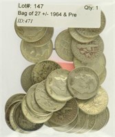 Bag of 27 +/- 1964 & Pre Roosevelt Silver Dimes