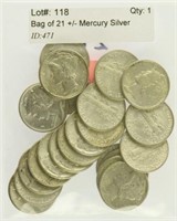 Bag of 21 +/- Mercury Silver Dimes Misc Dates