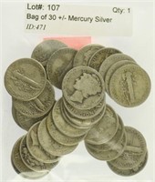 Bag of 30 +/- Mercury Silver Dimes Misc Dates
