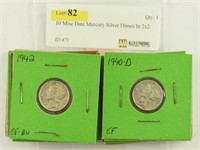 10 Misc Date Mercury Silver Dimes In 2x2: 1940's