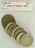 Nine Liberty "V" Nickels : 1883, 97, 1900,