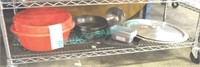 LOT, SHELF OF STRAINERS, FRY PANS, MINI LOAF PANS