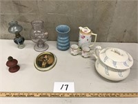 Blue Oil Lamp, Pitcher & matching cups, misc.