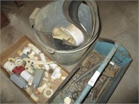 Metal toolbox, pail, PVC cutter and misc