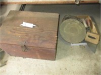 Wooden box, concrete tools, misc
