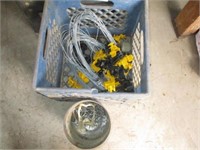 Crate w/electric fence wire, insulators, wire ties