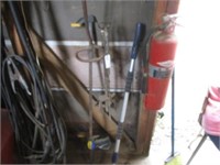 Fire extinguisher, gopher trap, wood clamp, brush