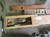 Wood chisels, drill bits, small wood level