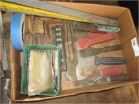 Box w/drill bits, putty knives, saw blades, misc