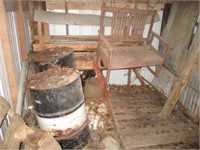 Contents of shed w/metal barrels, old wood double