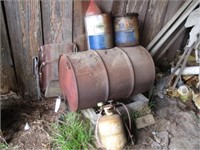 Metal barrel w/spout, 2 old 5gal oil cans, small