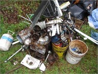 Large pile of scrap metal, stove, washer, dryer,