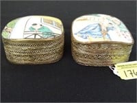 PAIR OF SILVER WITH H.P. PORCELAIN ORIENTAL BOXES
