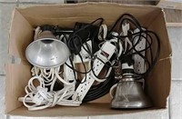 Box Lot of Extension Cords & Clamp Lights
