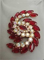 Large Costume Brooch with Ruby & Aurora Borealis