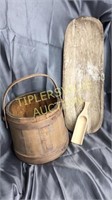 Sugar bucket, wooden bowl and scoop