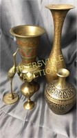 Group of brassware urns, vases, bird