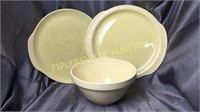 2 yellow vintage pottery platters and old mixing