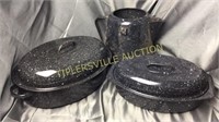 2 graniteware roasters and kettle without lid