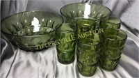 Green thumbprint bowls and matching glasses-bowls