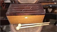 Wooden drum box with drumsticks, 5 x 12 x 6,