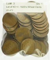 Lot of 43 +/- 1920's Wheat Cents