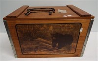Wood box with hinged top and black bear design.