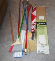 Lot of Brooms, Umbrella, and 35"x64" White Blinds