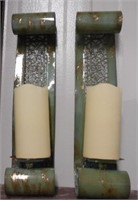 2 Green Metal Wall Hanging Candle Sconces with