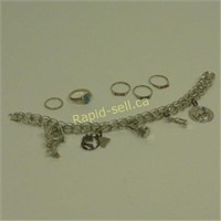 Sterling Silver Charm Bracelet, Charms & Rings