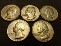 5pc US Silver Washington Quarters