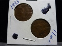 2pc US Indian Head Pennies - 1883 & 1891