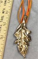 Silver alloy leaf pendant, 3" tall, double leather