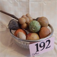HEAVY CERAMIC FRUIT IN GLASS BOWL WITH SILVER RIM